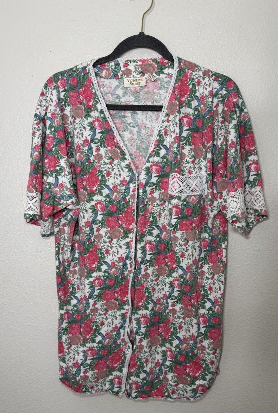 VTG Victorias Secret Floral Cotton Pajama Button Up Shirt Gold  Size P/S